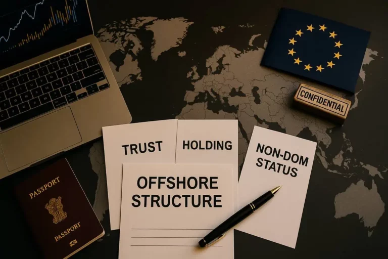 Documents on offshore structures, trusts, and non-dom status on a world map with an EU flag — a symbol of international tax planning and Cayman Islands tax.